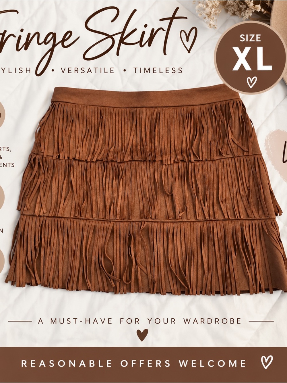Fringe Mini Skirt - Brown - Unbranded